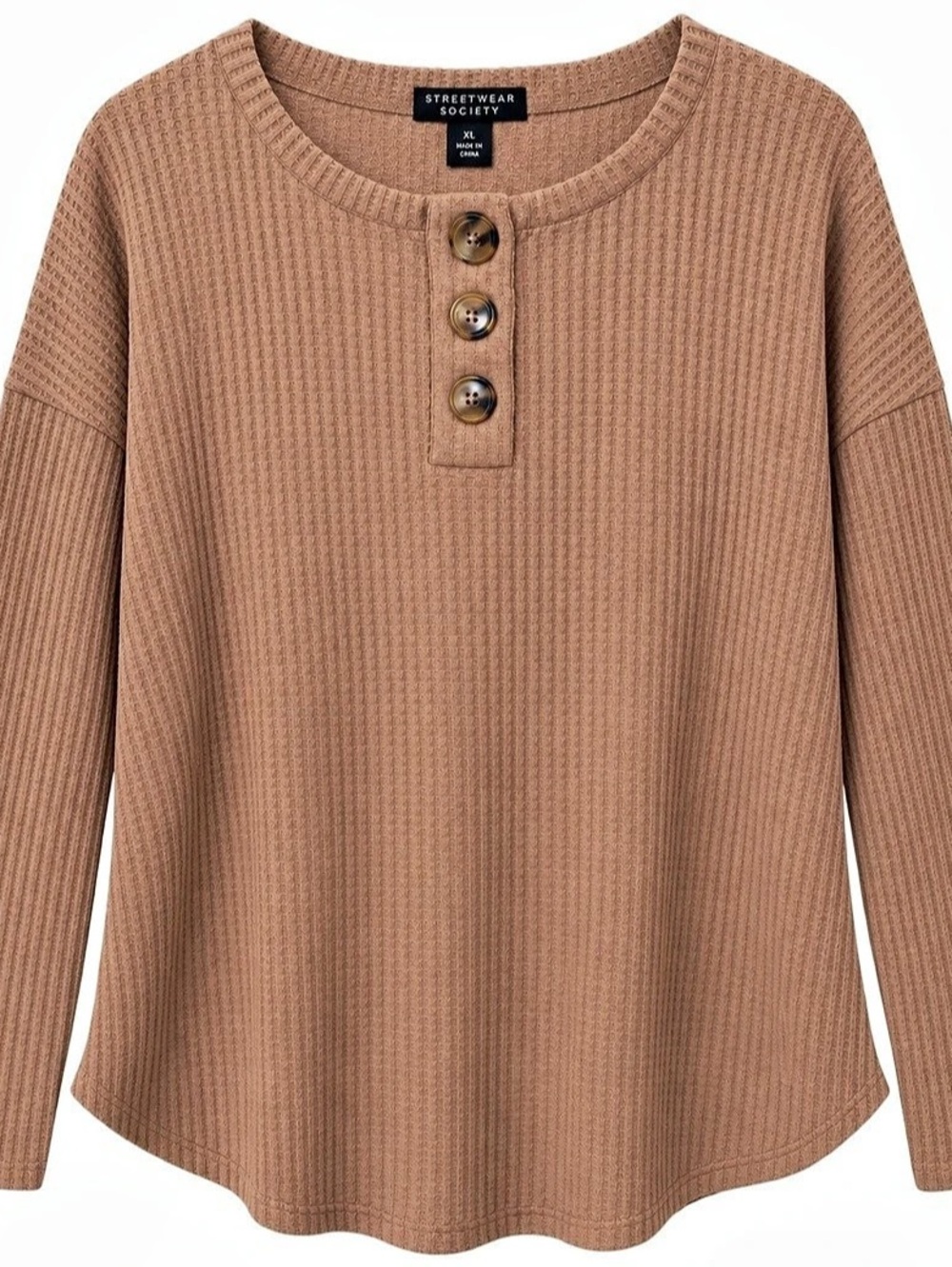 Streetwear Society Waffle Knit Henley Top XL Tan Brown Oversized